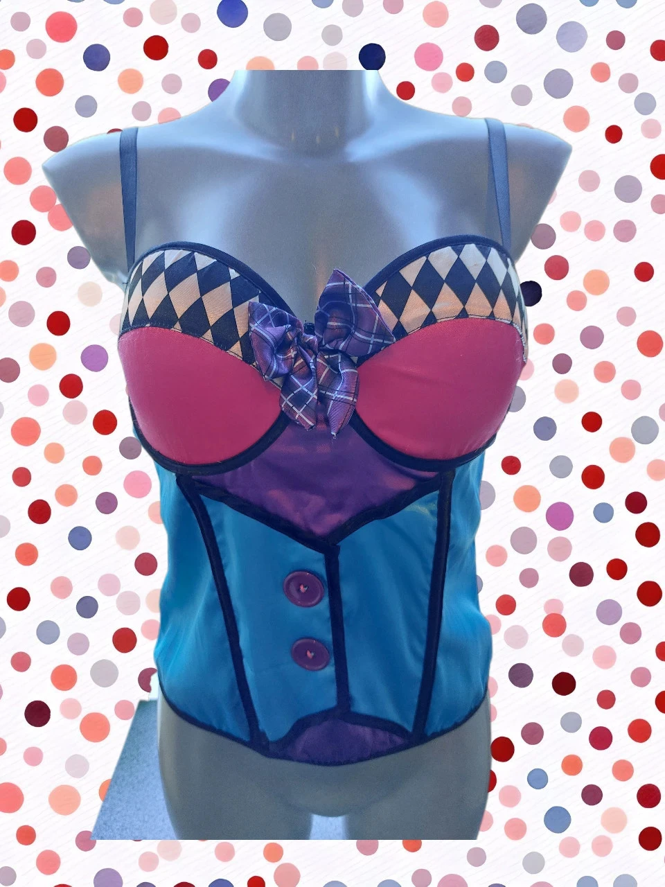 Corset motif arlequin Mad Hatter – style unique, taille M/L 38-40